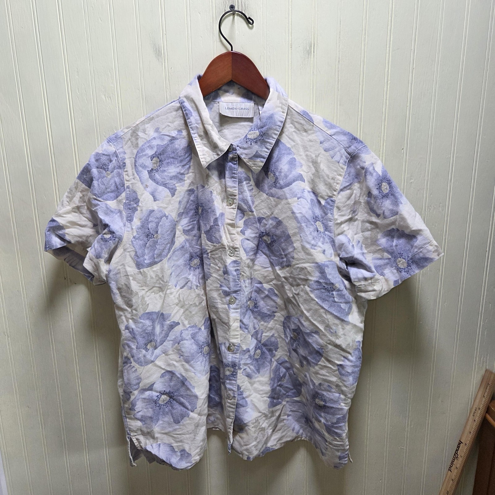Lemon Grass Button Up Shirt Womens L Blue Collared Short Sleeve Floral Top