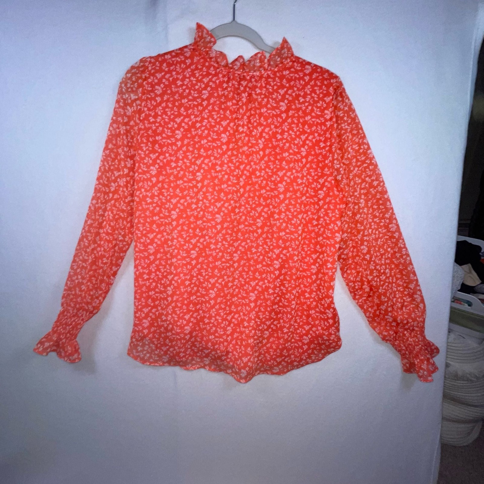 LOFT Orange Floral Ruffle Neck Tie Front Blouse Size M