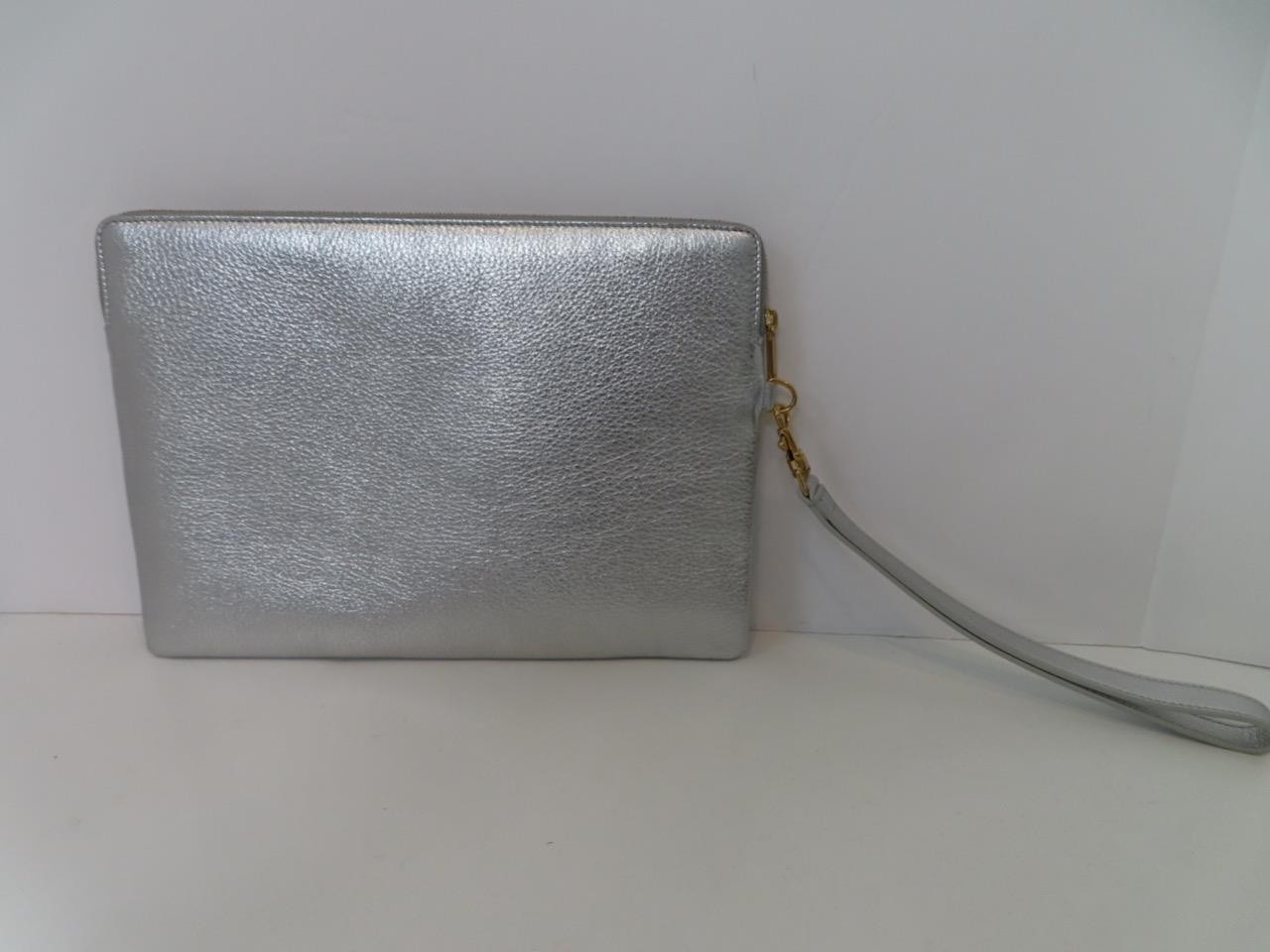 NIB CELINE Silver Leather Pouch/Wristlet Clutch Bag