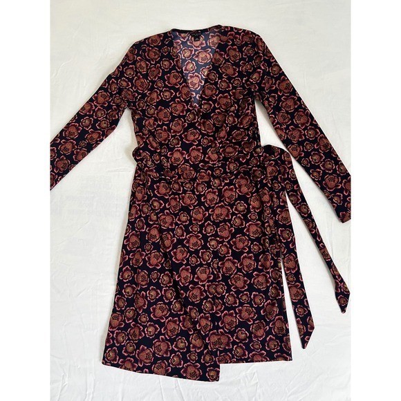 Ann Taylor Petite Floral Wrap Dress Navy Pink Long Sleeve V-Neck Size 2P