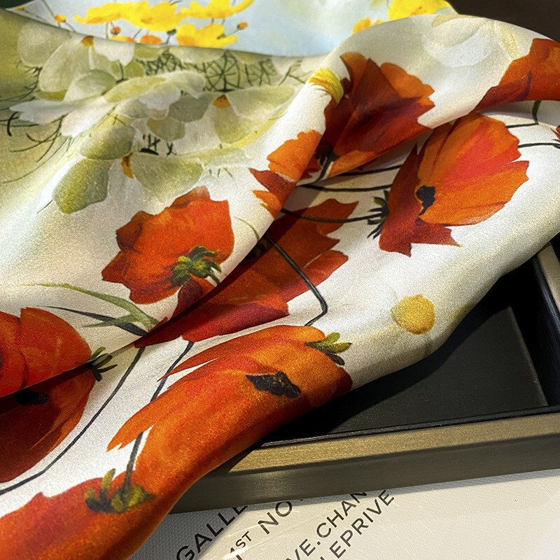 100% Silk Mulberry 27″ Square Scarf Women Vintage Neckerchief Wrap Orange Flower