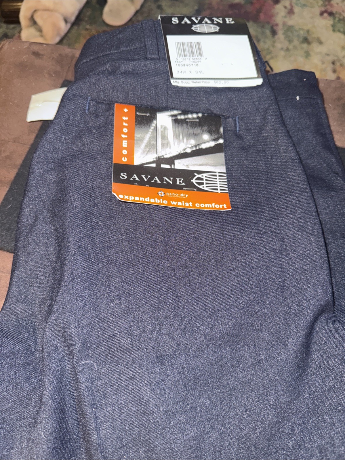 Savane Dress Pant Nano-Dry Comfort Expandable Waist Men Size 34×35 Navy