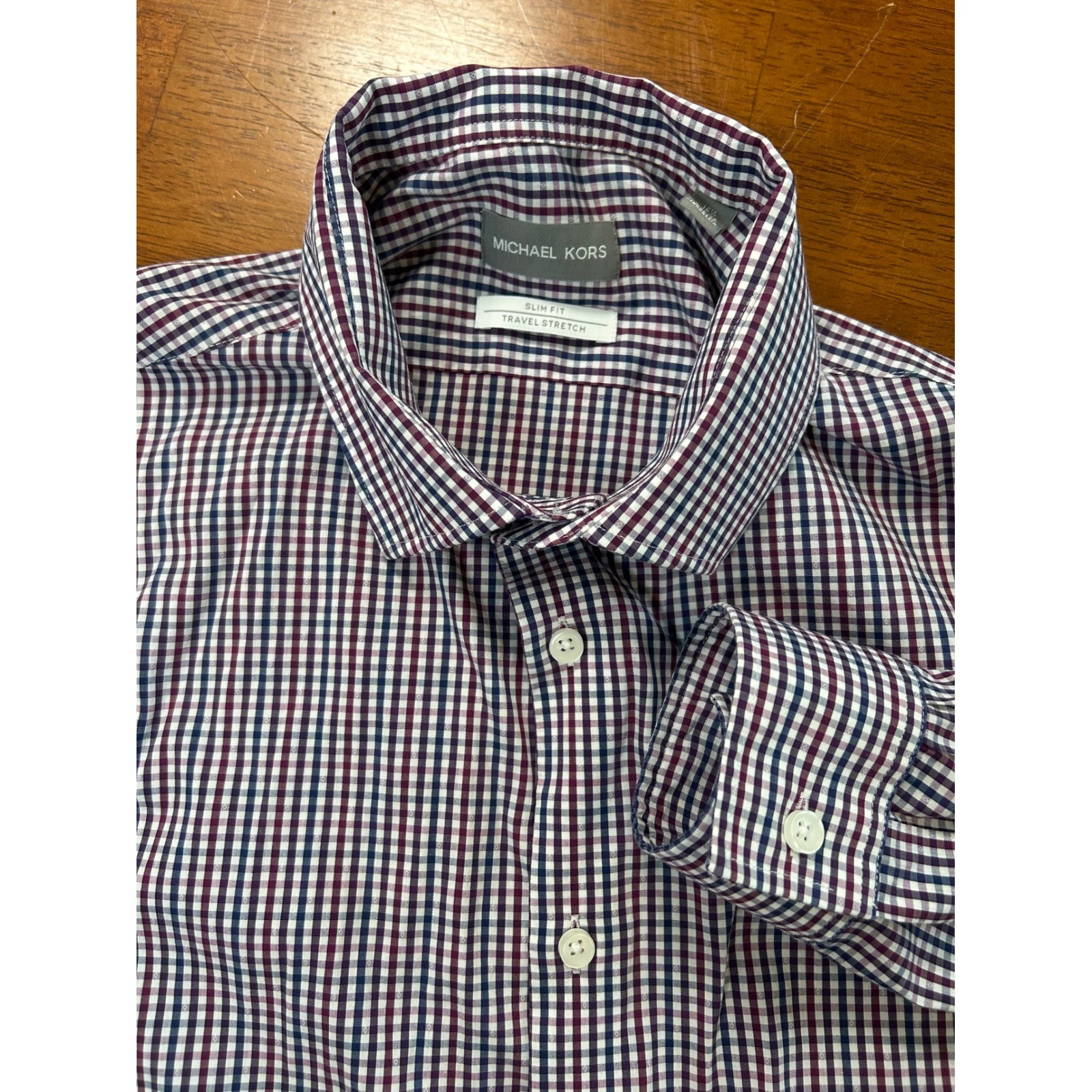 Michael Kors Dress Shirt Mens 16.5 34/35 Purple Gingham Slim Fit Travel Stretch