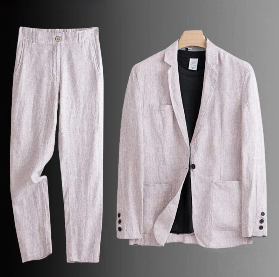 Share 2 Pc Men Two Button Suit Summer Linen Causal Blazer Pants Coat Beach