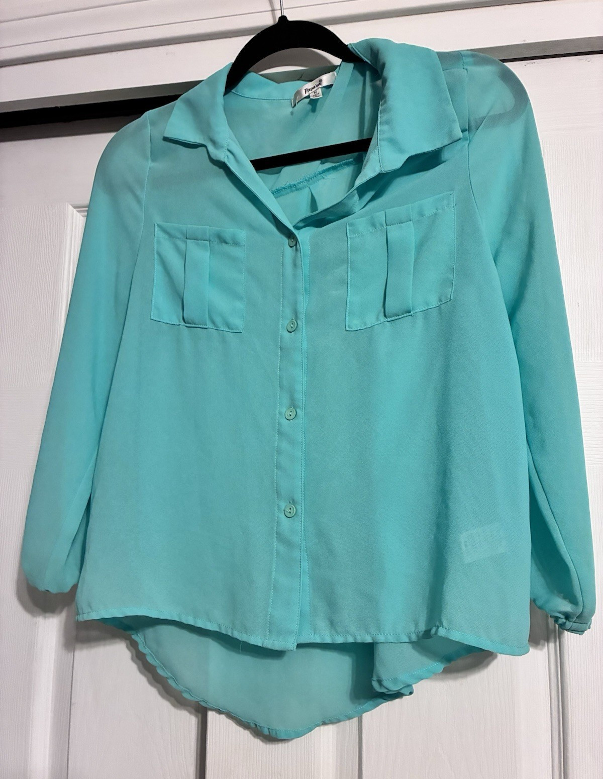 Papaya Sheer Solid Green Long Sleeve Button-Up Collared Blouse Pockets Women M