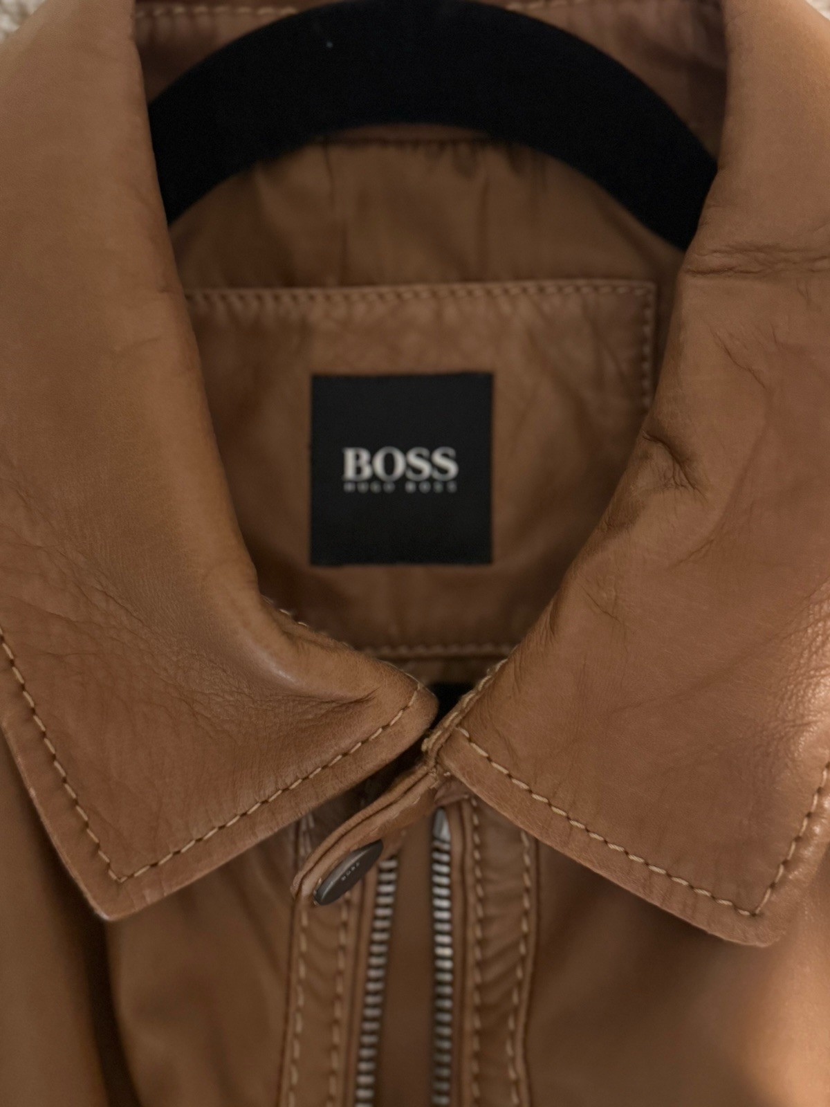 BOSS Men’s Brown Leather Bomber Jacket Full Zip Pockets Size L 42″ Chest