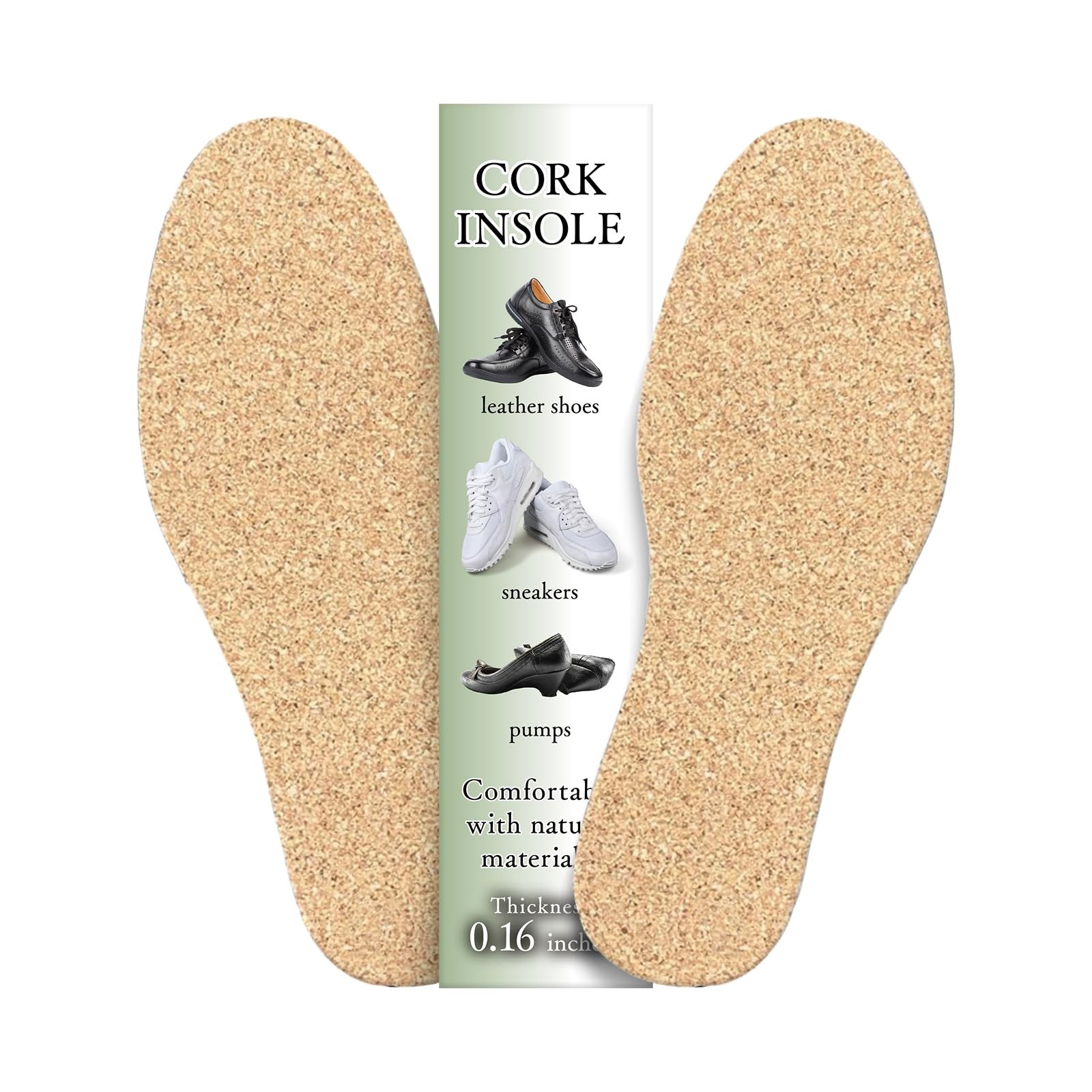 Cork Insoles, Flat Shoe Inserts, Natural 9.8～12.2inches/4mm(0.16 Inch), Brown