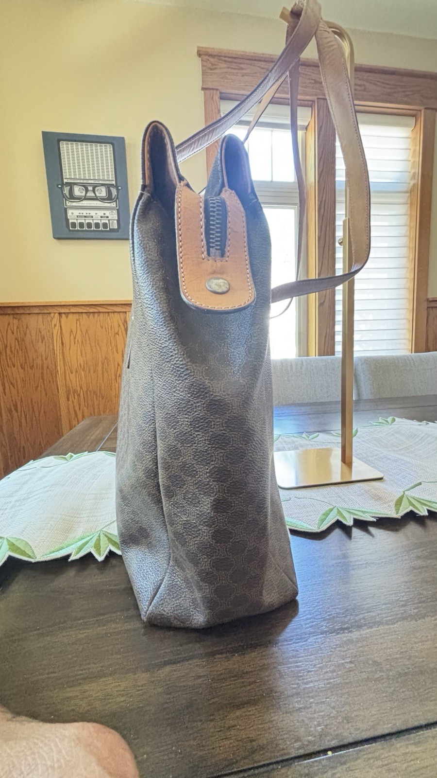 Authentic Celine Macadam Tote Bag Brown Coated Canvas Leather Italy Shopper