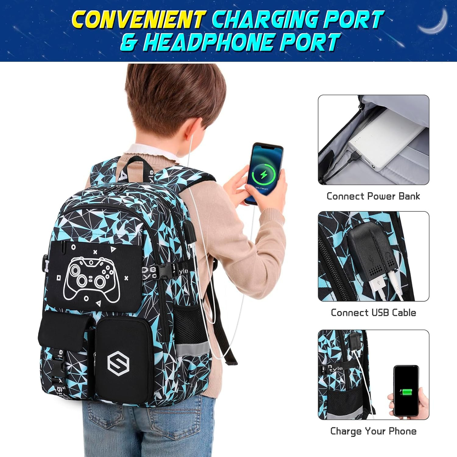 Scothen Boys Backpack, Cool Luminous School Backpack with Lunch Bag Pencil Case,