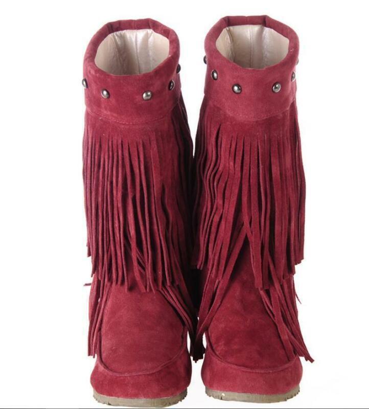 Fringes Womens Rivet Tassel Round Toe Hidden Wedge Mid Calf Boots Pull on Shoes