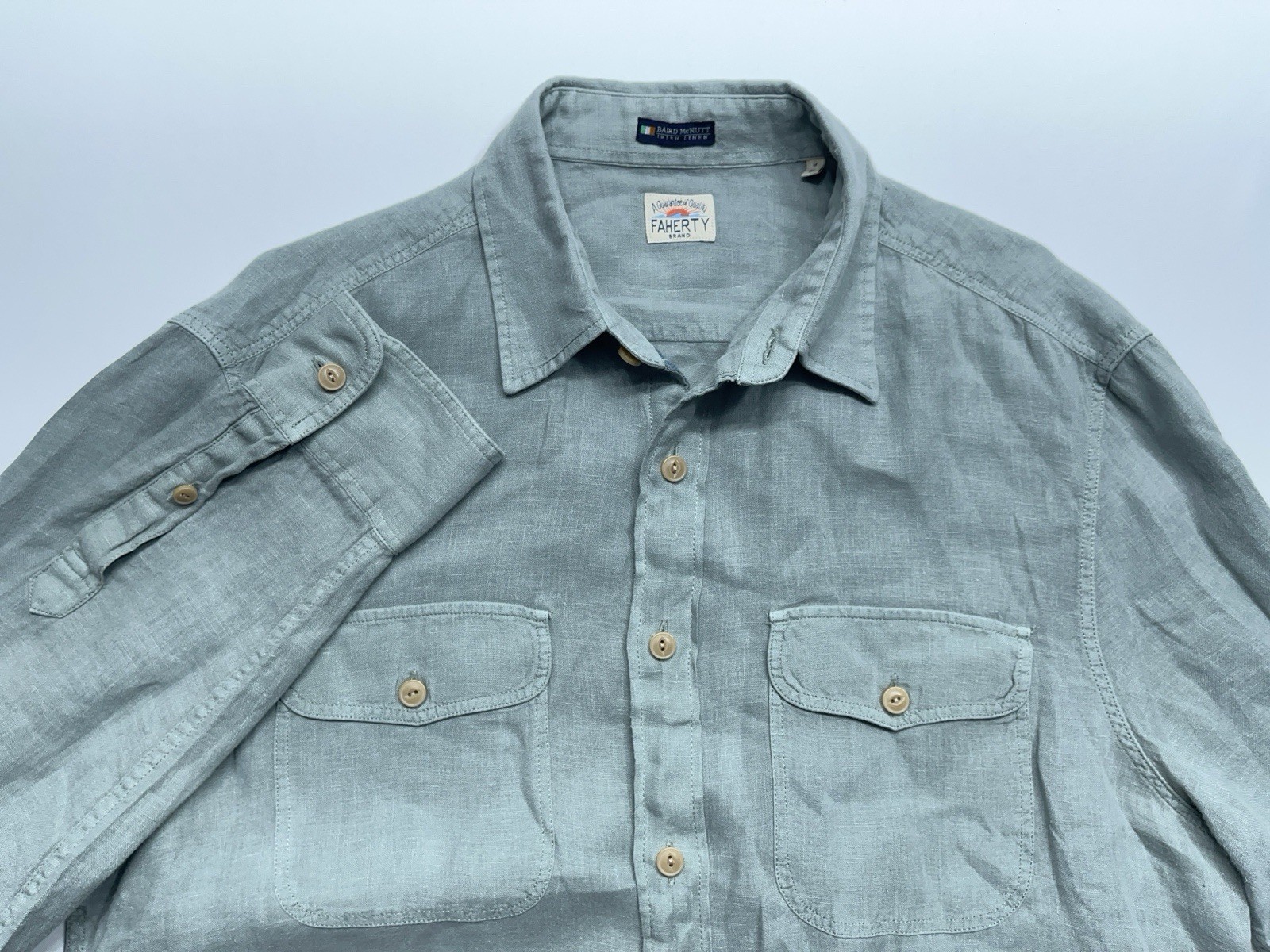 FAHERTY Baird McNutt Shirt Mens Medium Sage Green Linen Long Sleeve Button. READ