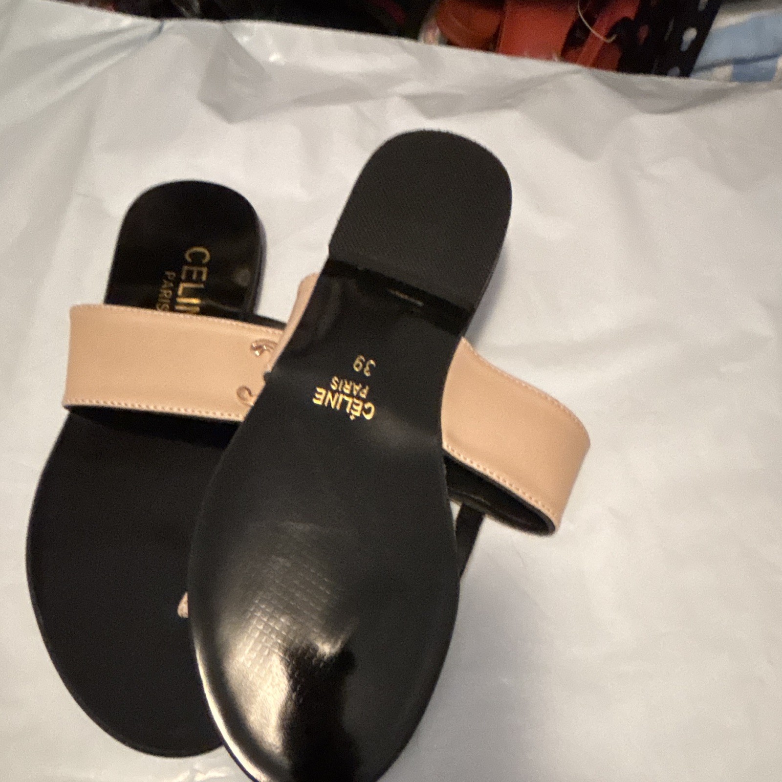 CELINE Women’s Beige/Black Logo Slide Sandals Open Toe Slip-On Leather 9