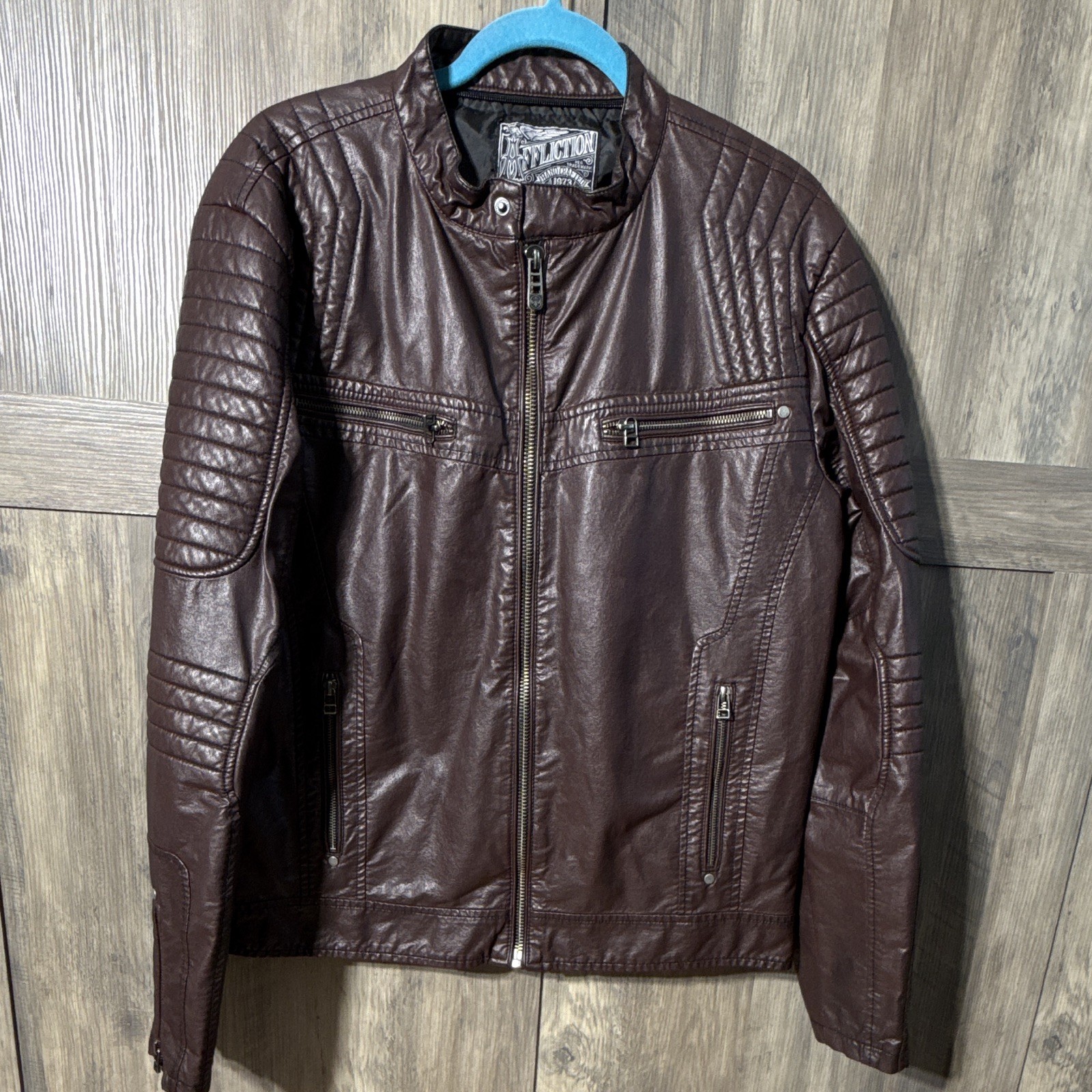 Affliction Men’s Brown Leather Biker Jacket Full Zip Quilted Stand-Up L
