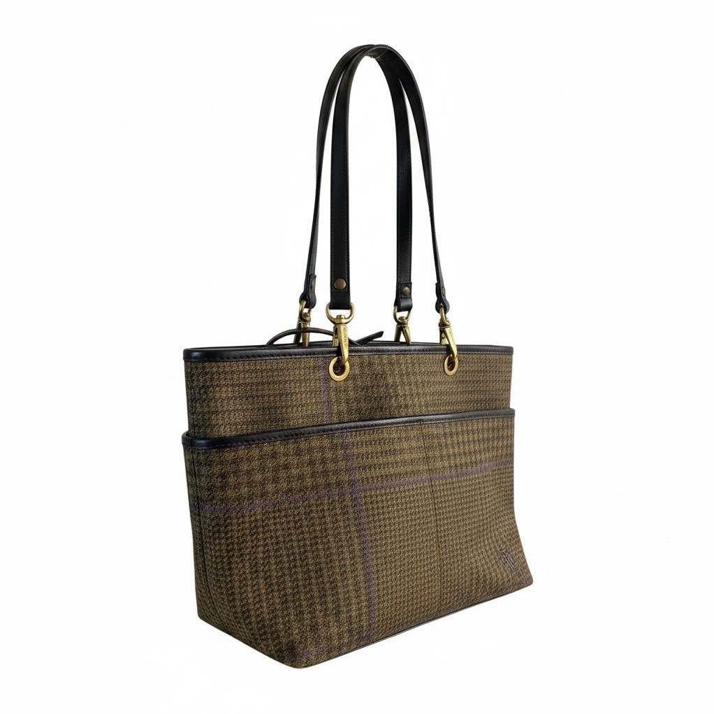 Ralph Lauren Olive Green/Black Plaid Tote Zip Closure Double Handles Pockets