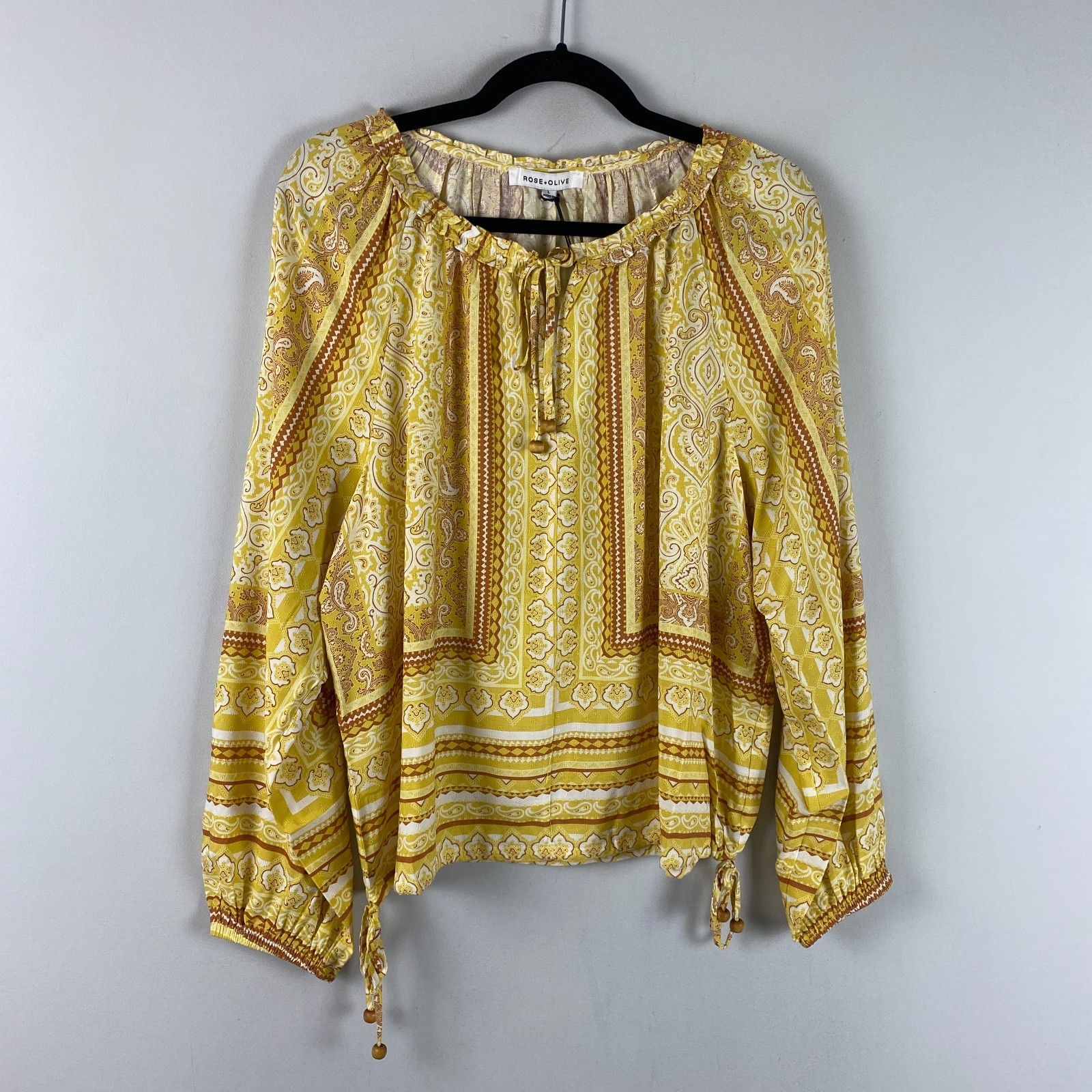 Rose + Olive Paisley Peasant Blouse Size Large Boho Tie Popover Yellow Rayon