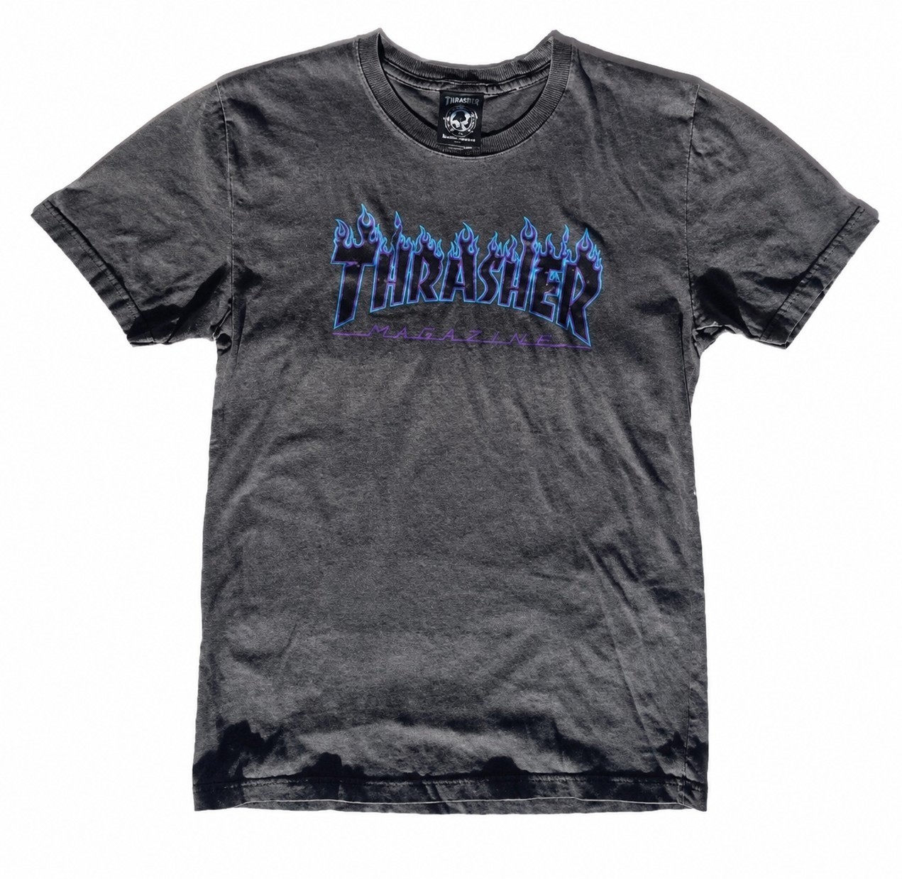 Thrasher Skateboard Brand Grey / Purple w/ Blue Flame Logo Shirt Tee Mens Size M