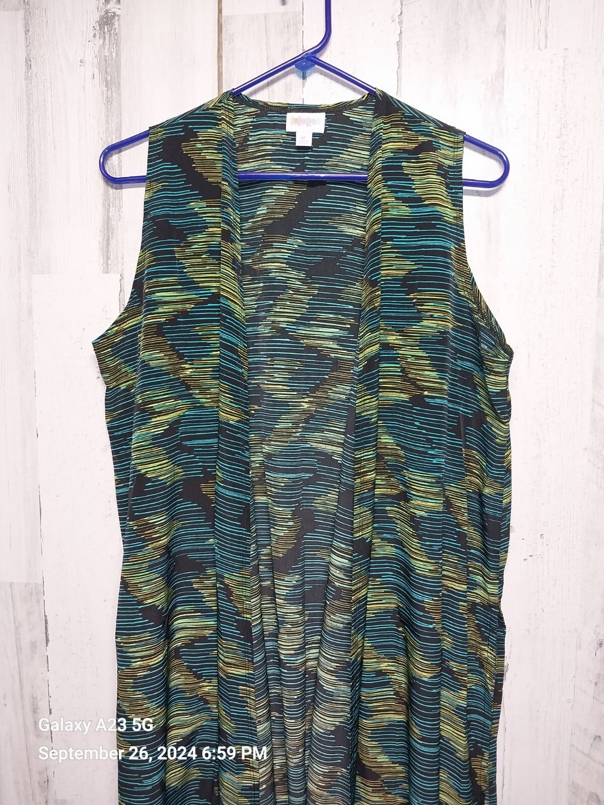 Lularoe Joy Medium Long Vest Duster Black Yellow Green Blue Zig-Zag Breezy
