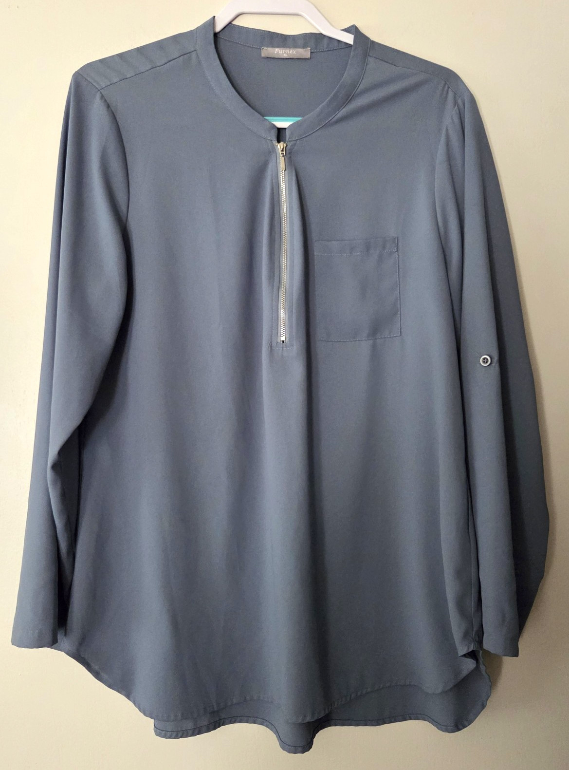 Furnex Women’s XL Zippered Long Sleeve Blouse Hi Low Shirt Tail Hem