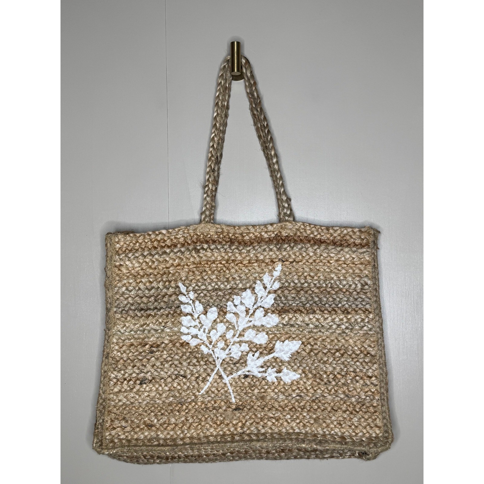 BLarge Woven Jute Tote Bag Botanical Print Boho Coastal Market Bag