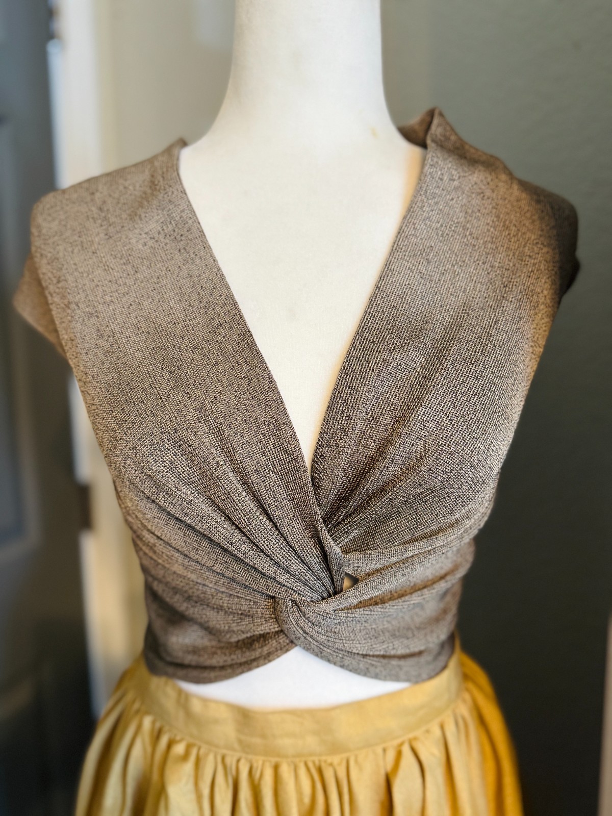 Nora Attalai Paris Cupro Bemberg Metallic Knit Twist Front Crop Top