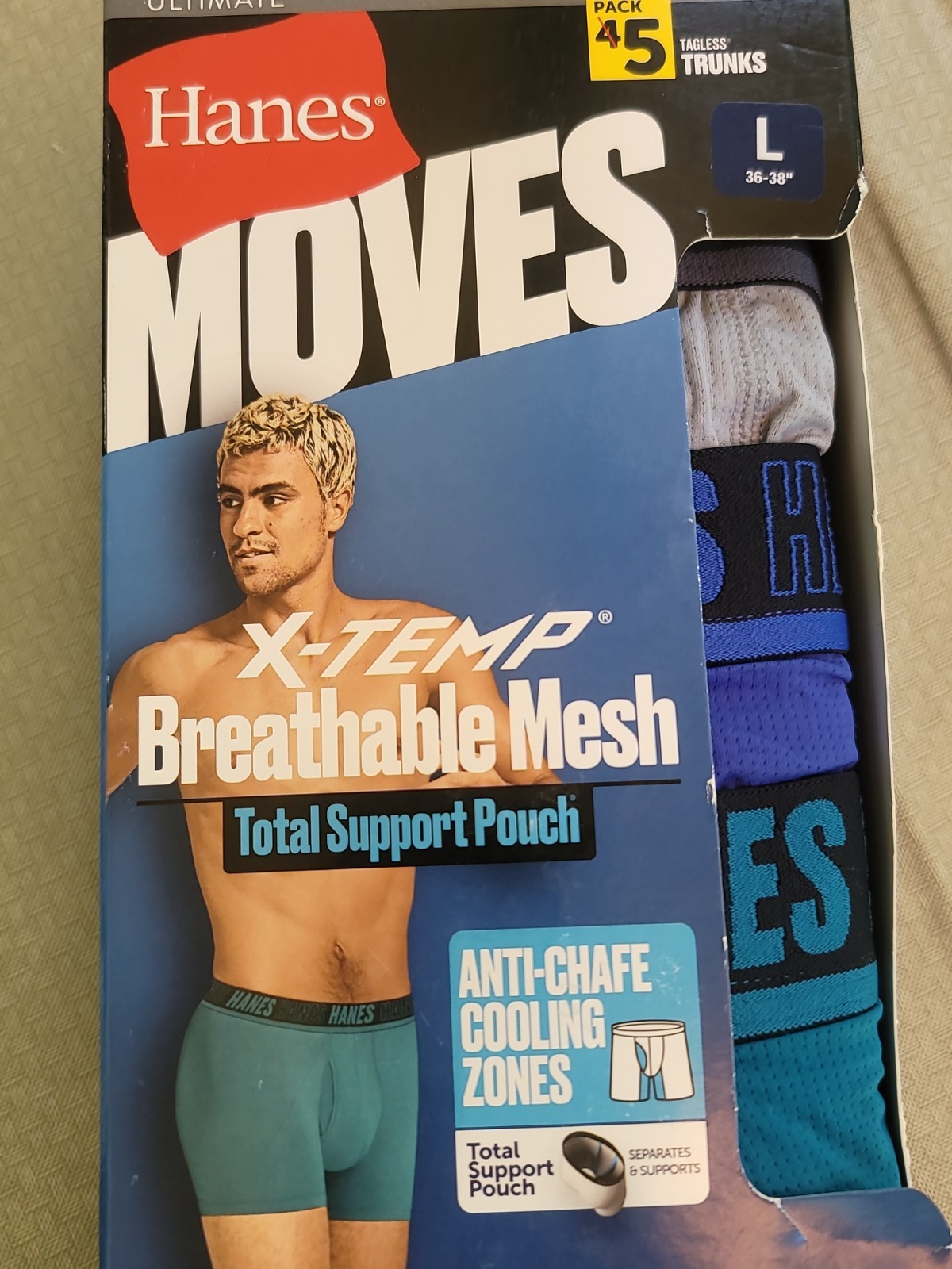 NEW HANES 5 PACK LARGE TRUNKS MOVES X TEMP BREATHABLE MESH FABRIC QUICK DRY