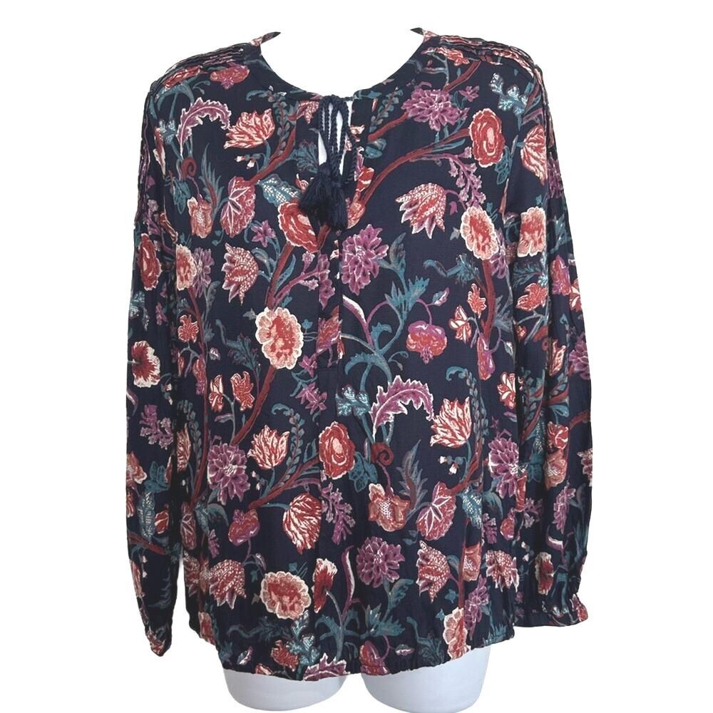 Lucky Brand Women’s Small Boho Floral Print Blouse with Tassel Tie – Multi