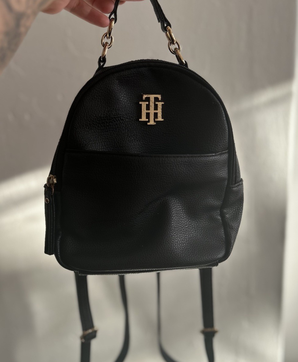 Tommy Hilfiger Black Pebbled Mini Backpack, Gold Hardware, Zip, Logo, Adj Strap