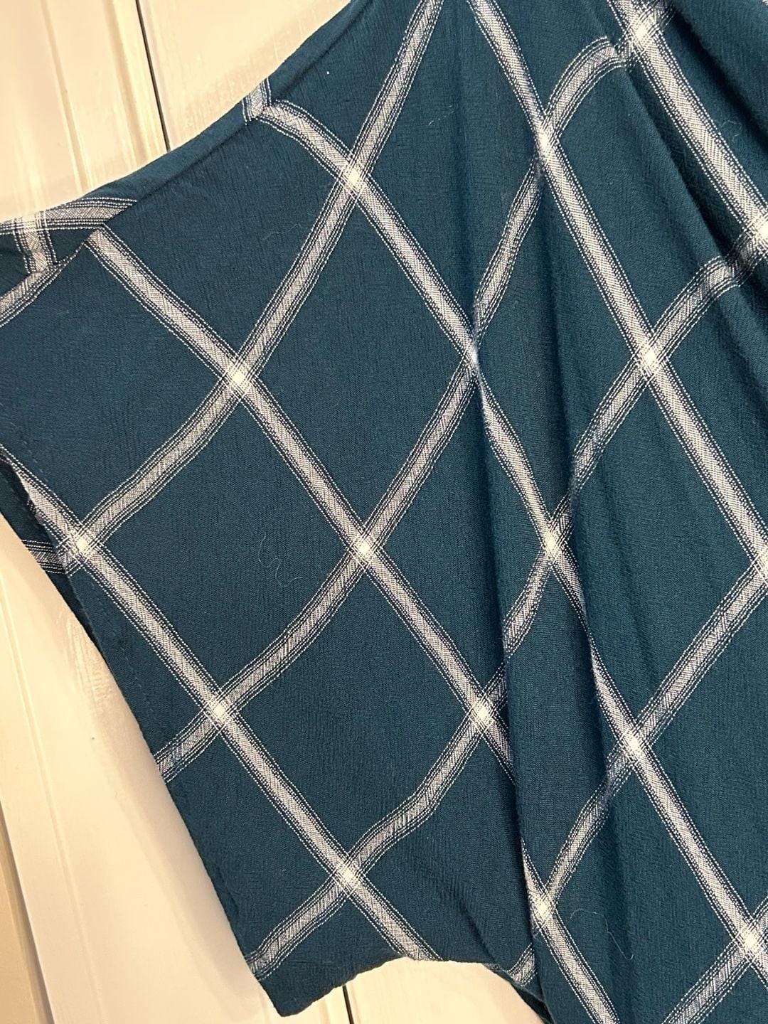 LOFT Teal and White Plaid Asymmetric Ruched Side Blouse