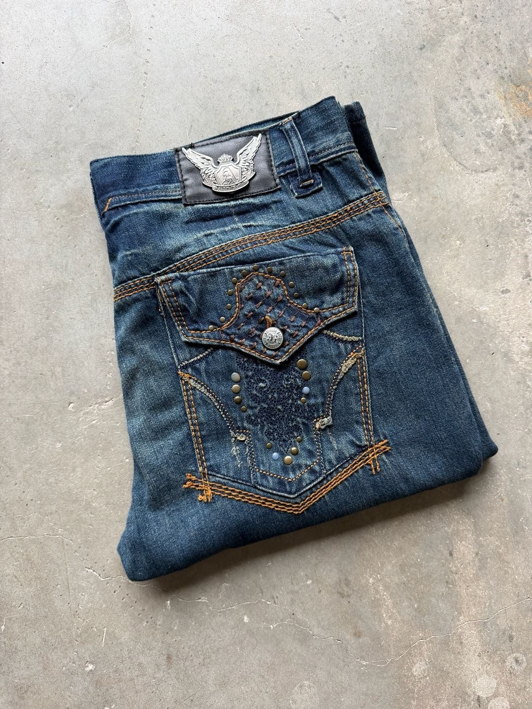 Attitude Gold Brooklyn Fit Regular Straight Leg Embroidered Studded Jeans