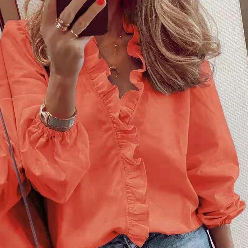Women’s Ruffle Blouse – Long Sleeve, V-Neck, Elegant Cotton Shirt, Offic