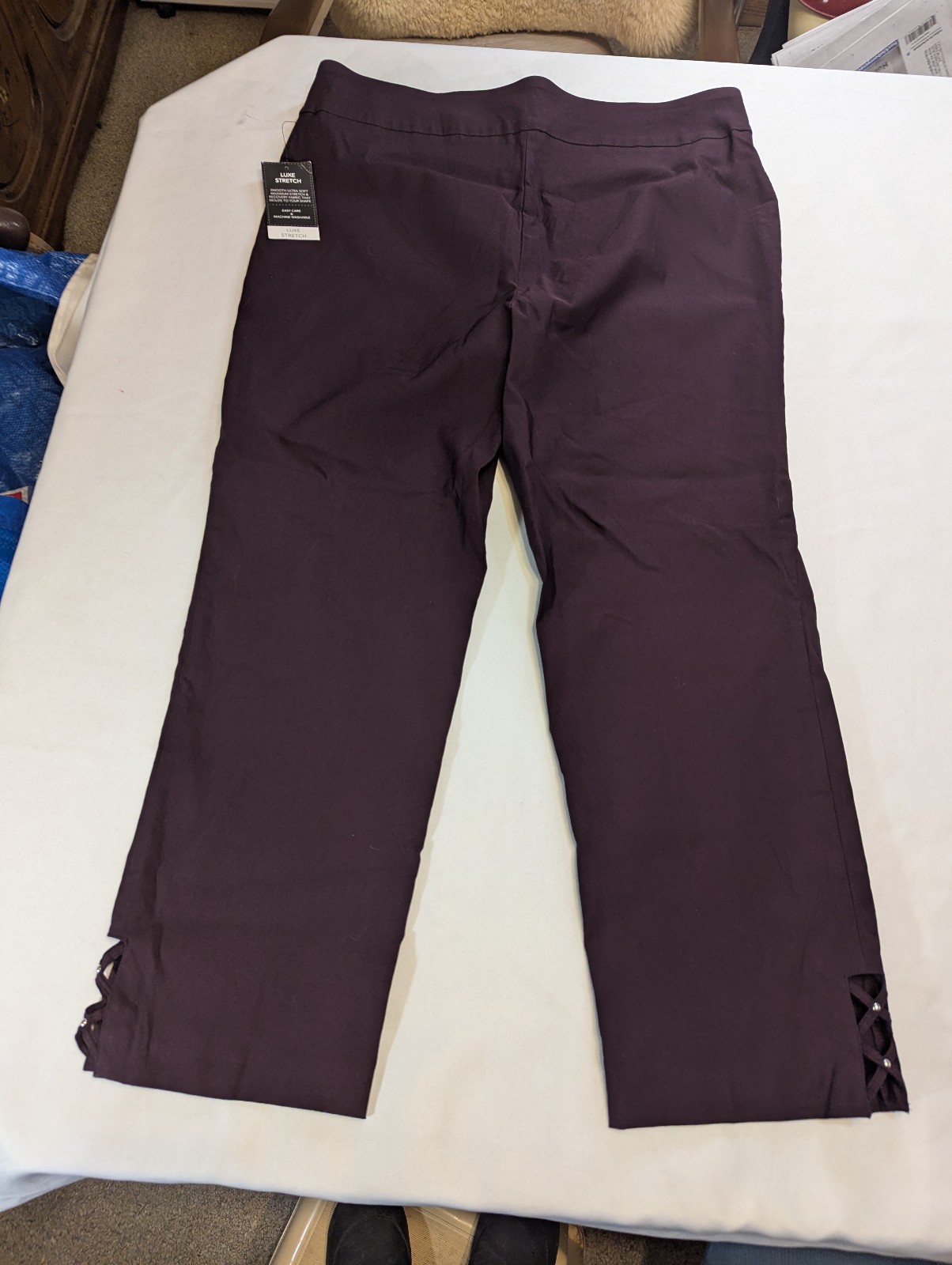 Counterparts Pull On Burgundy Stretchy Pants Studded Open Weave Hem size 16 NEW