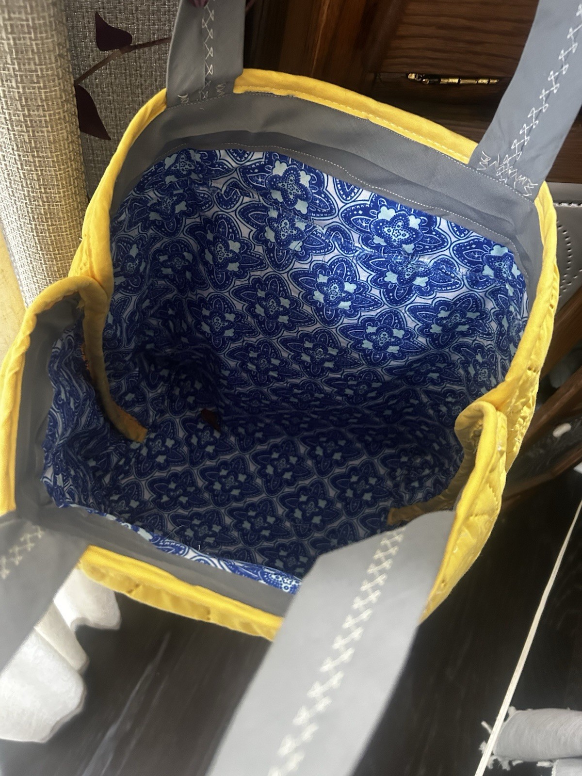 Yellow Quilted Tote Bag Gray Double Handles Floral Applique Blue Lining Open
