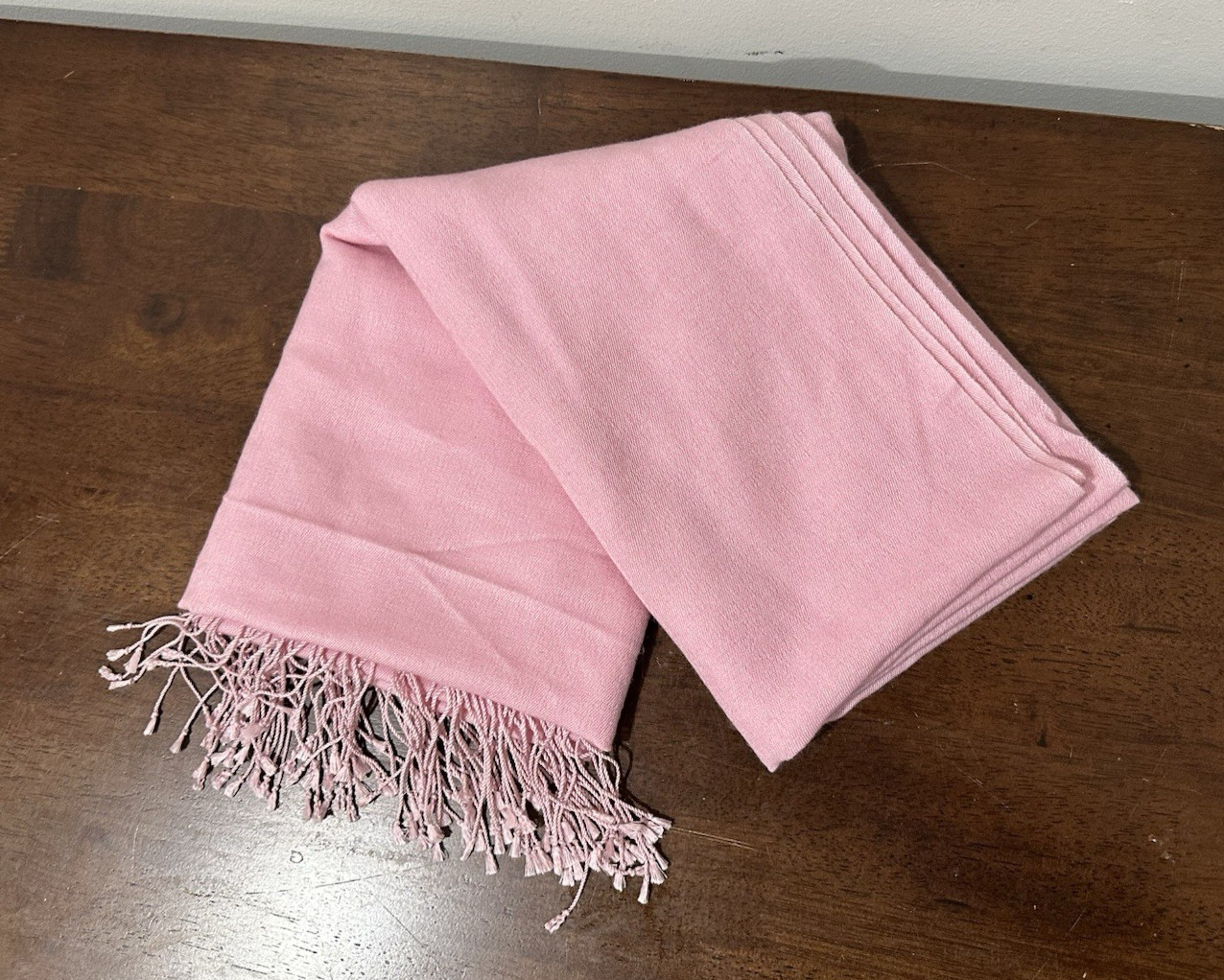Pashmina silk pink shawl scarf handmade in Nepal with tassels 27″ X 76″