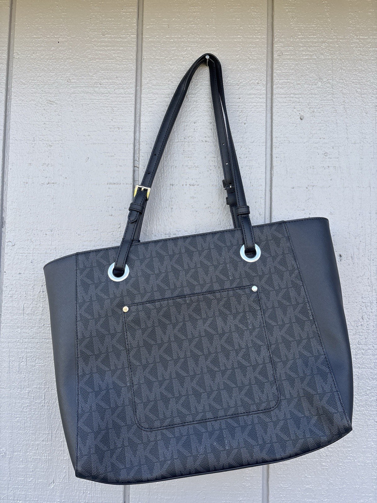 Michael Kors Medium Tote Black MK Monogram, Adjustable Strap, Bag Charm