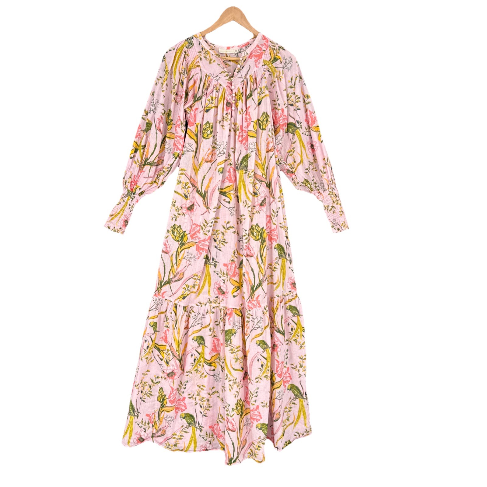 Happy X Nature Women’s Maxi Dress Pink Floral Bird Print XS Boho Cottagecore