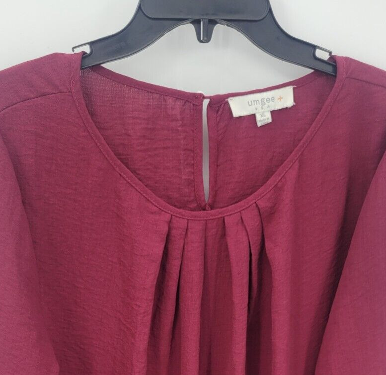 Umgee Top Womens XL Maroon Pleated Ruched Ballon Sleeve Boho Artsy Peasant