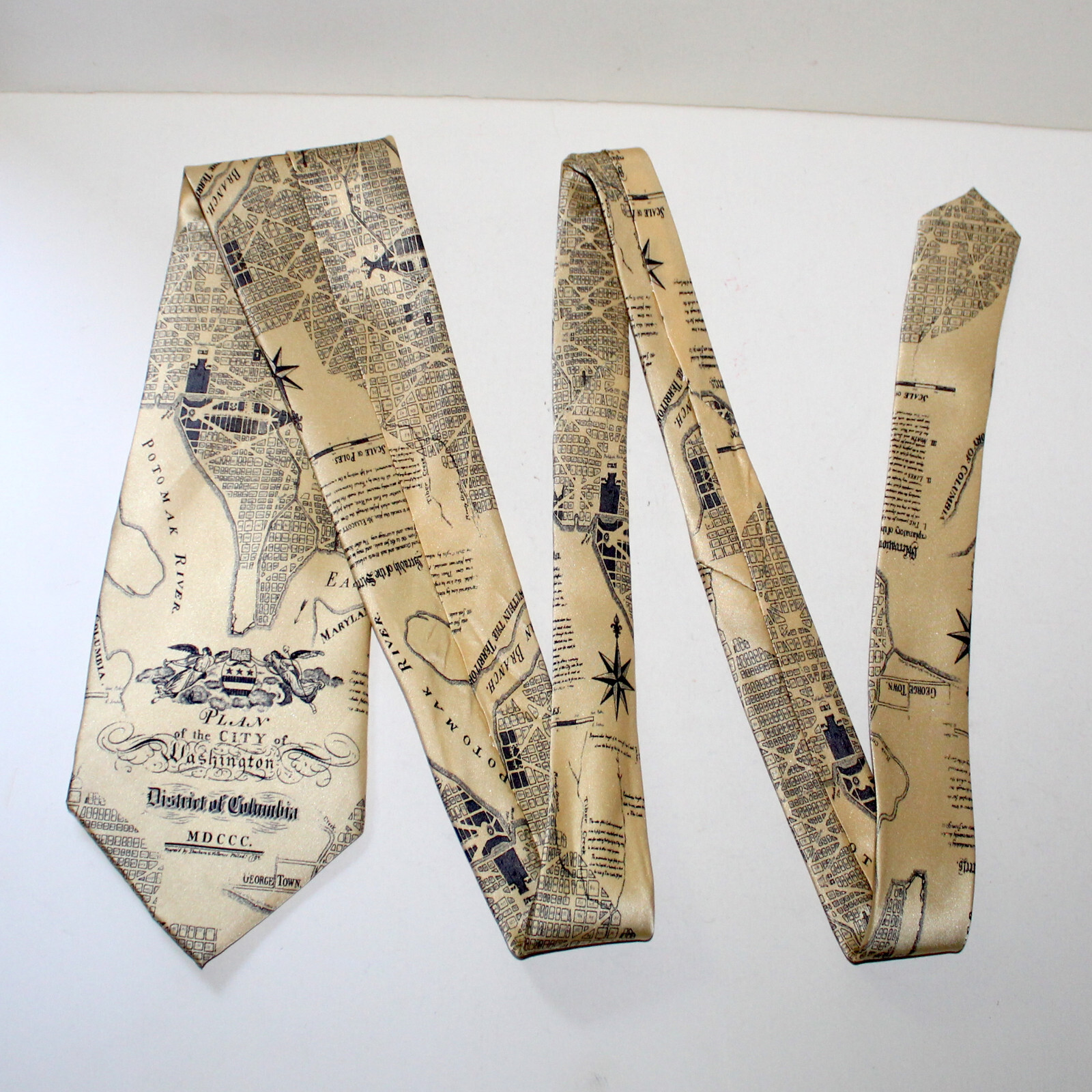 Museum Artifacts Necktie Washington DC Plan 1800 cream silk map vintage