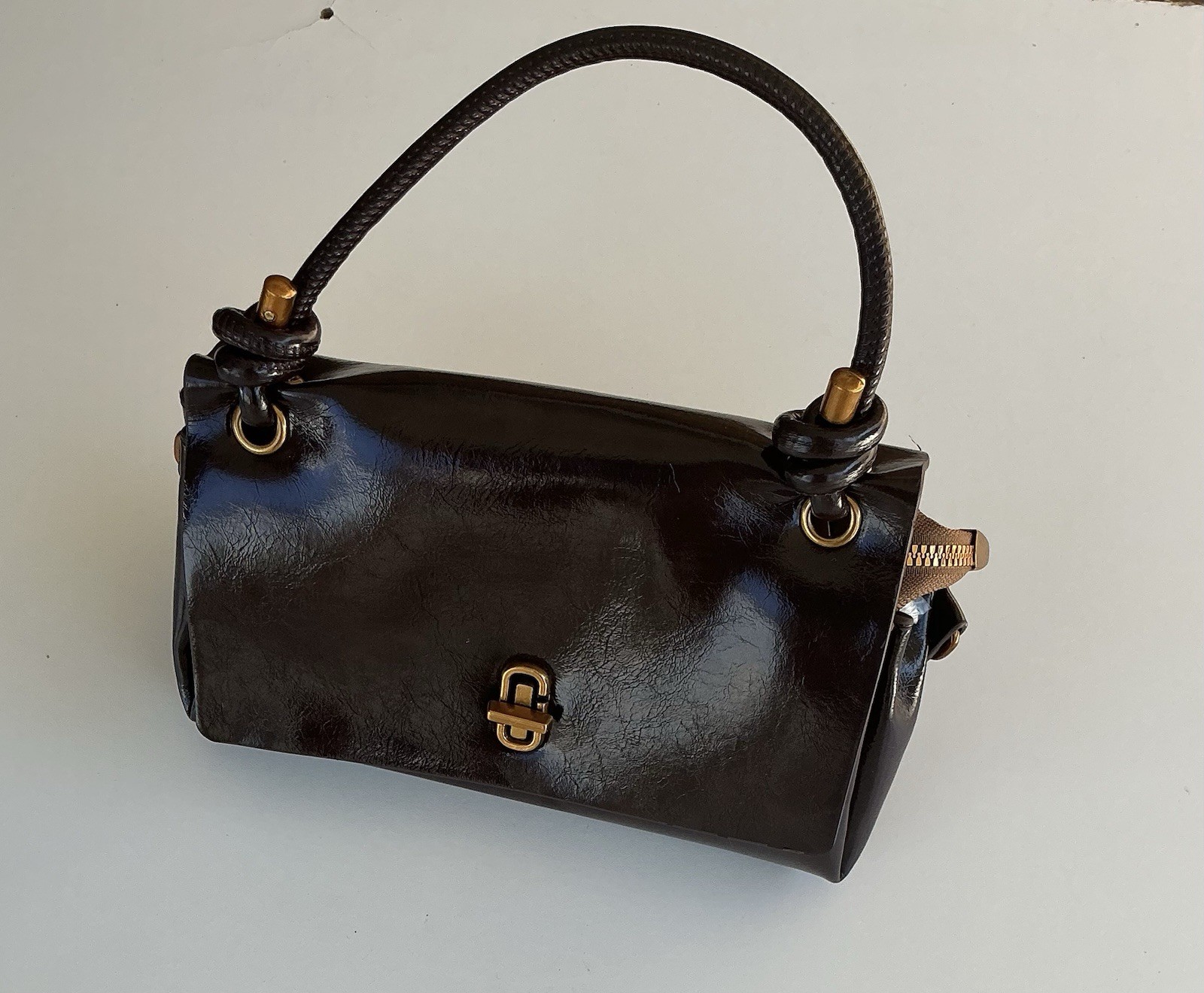 Brown Top Handle Bag w/ Turn Lock & Zip, Gold Hardware, Lined Inner Pockets
