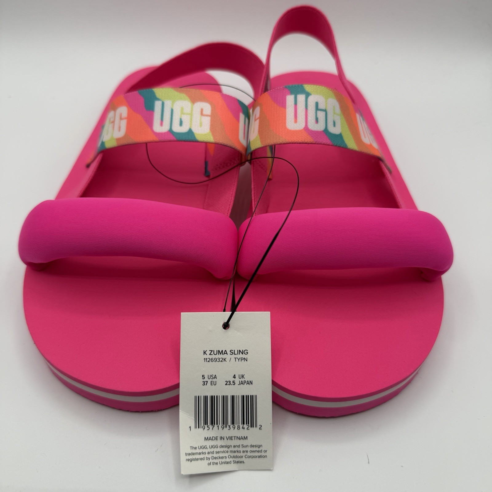 UGG Zuma Sling Sandals Neon Pink Rainbow Logo Strap Kids 5 Womens 7 NWT