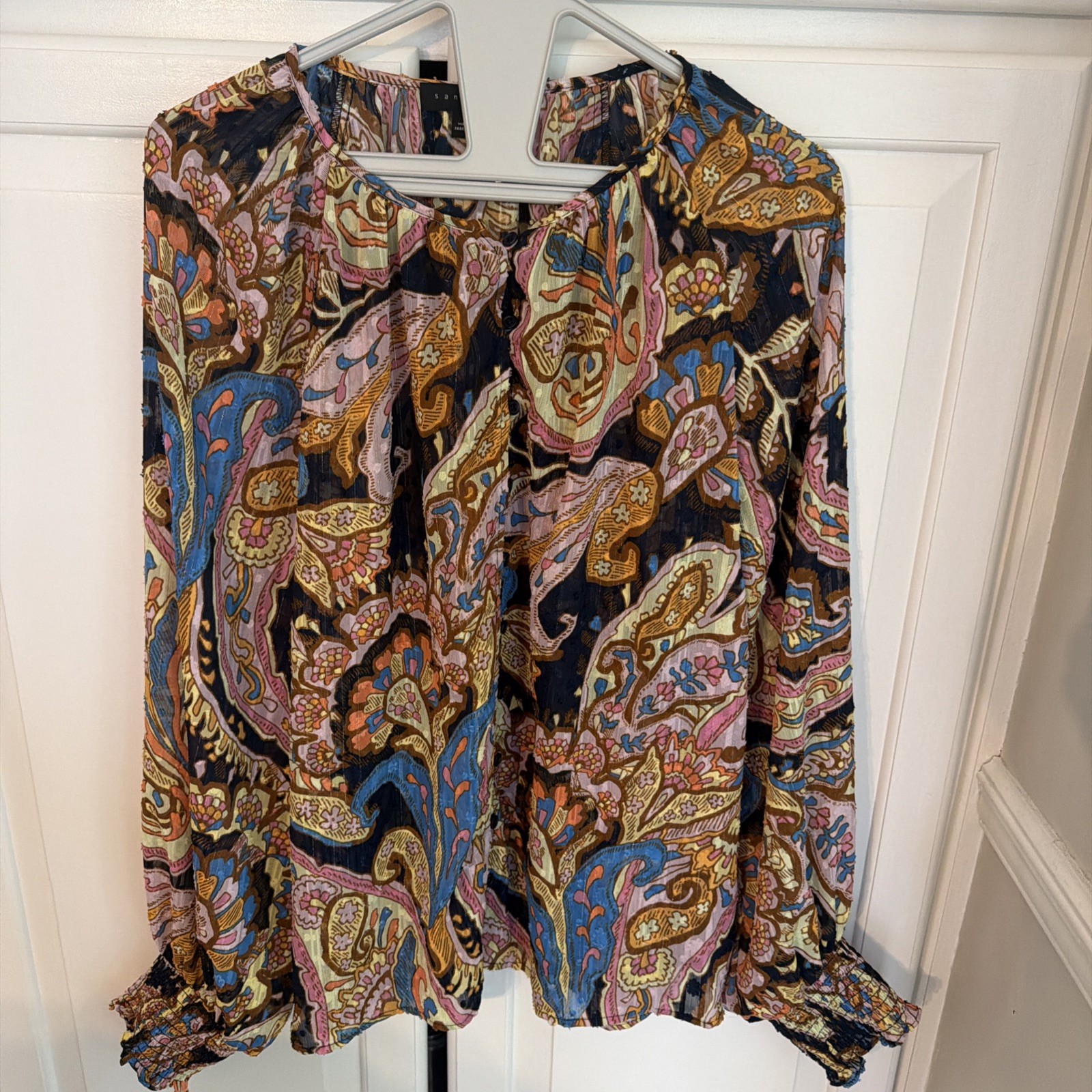 SANCTUARY Mixed Paisley Blouse Sz 1X Multicolor Peasant Sleeve Metallic