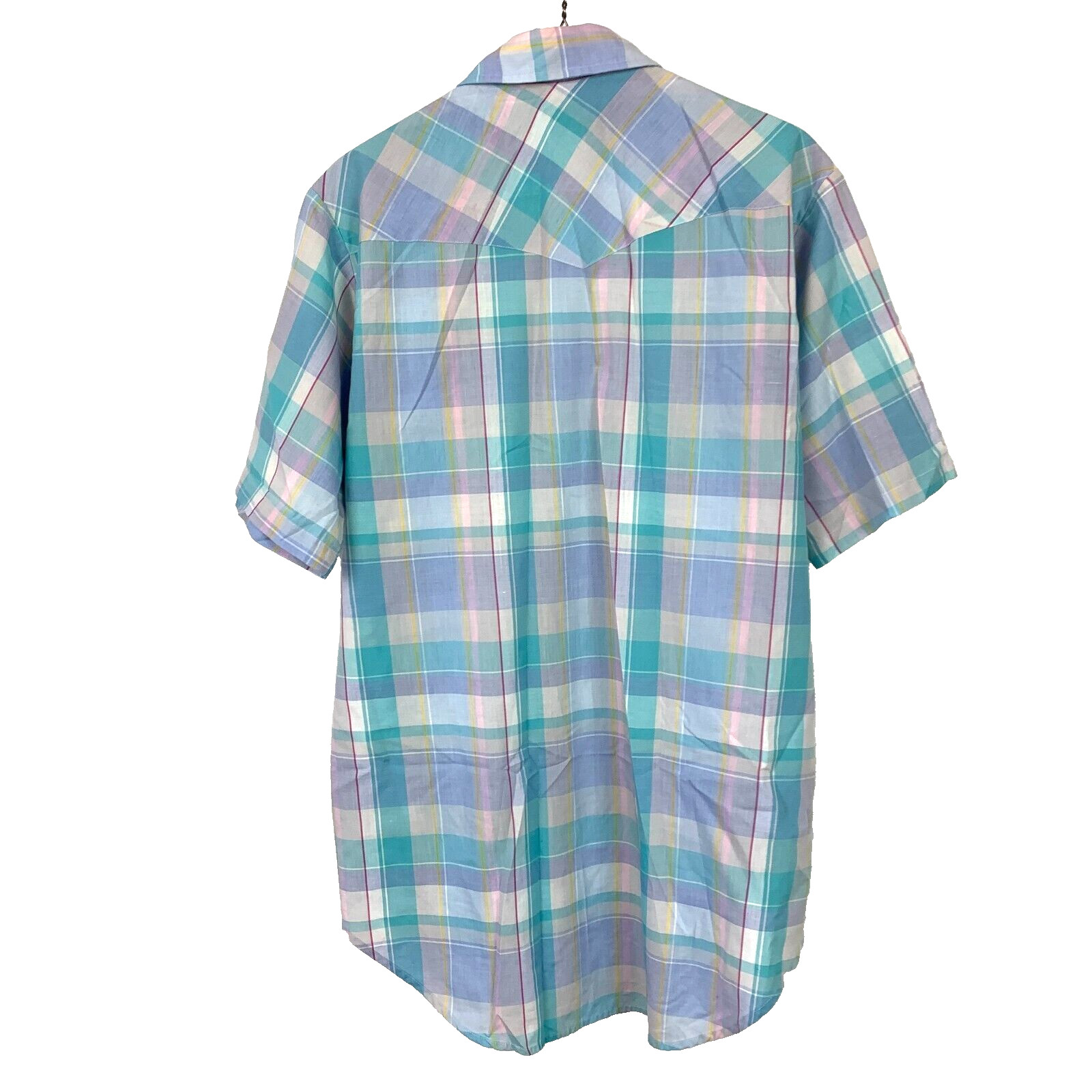 Vintage 80s Plainsman Blue Purple Plaid Western Pearl Snap Short Sleeve Shirt L