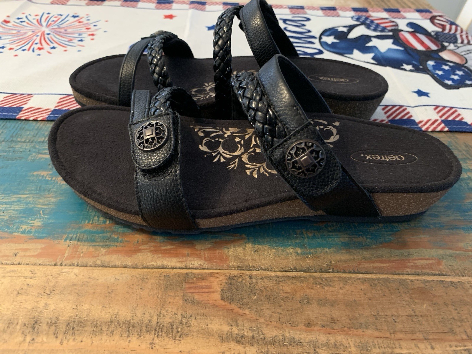 Aetrex Janey Braided Sandals Slide Womens 9.5 BlackLeather Adjustable Strap New