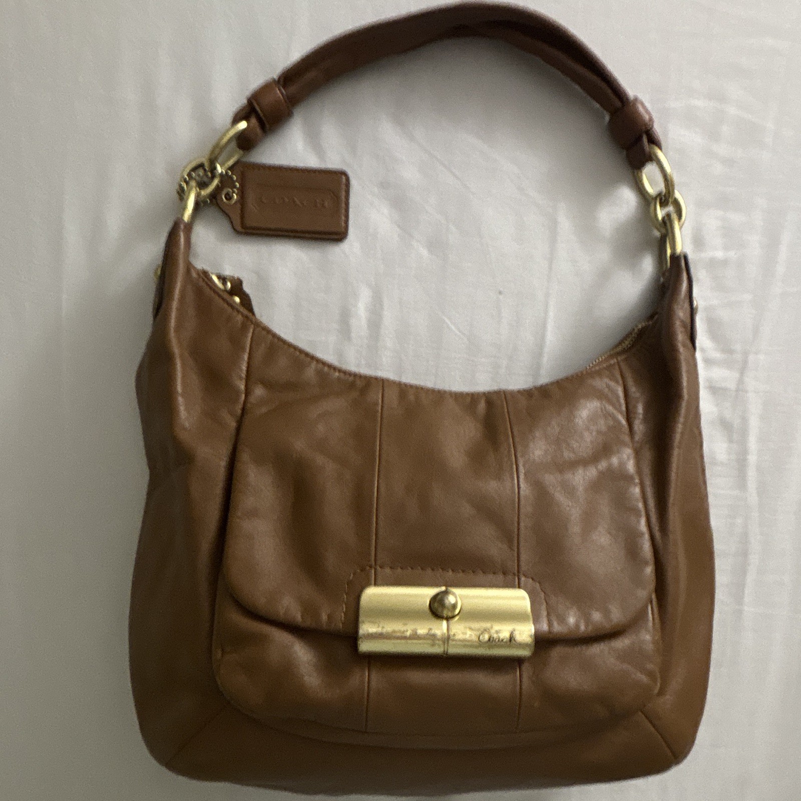 Coach Brown Hobo Shoulder Bag Turn Lock/Zip Gold Hardware Charm Pink Lining