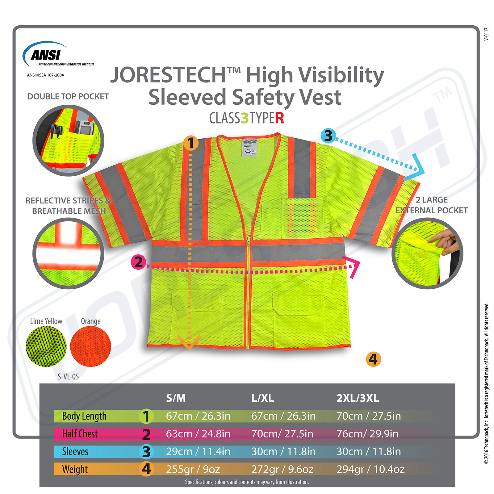 Hi Vis Safety Vest Reflective Sleeved Work ANSI Class 3, Pockets, Jorestech