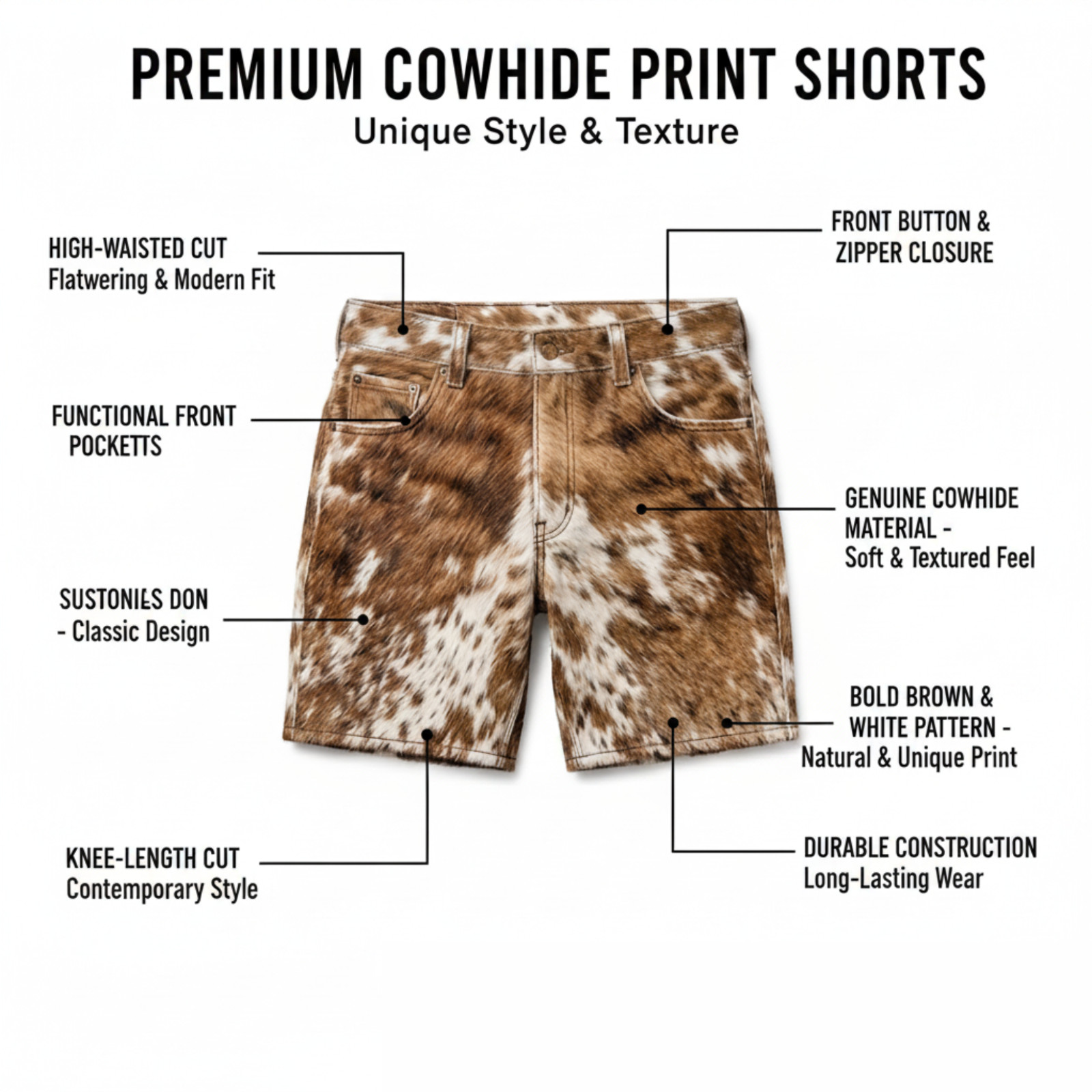 Men’s Brown White Genuine Cowhide Leather Shorts Hair On Hide Biker Shorts