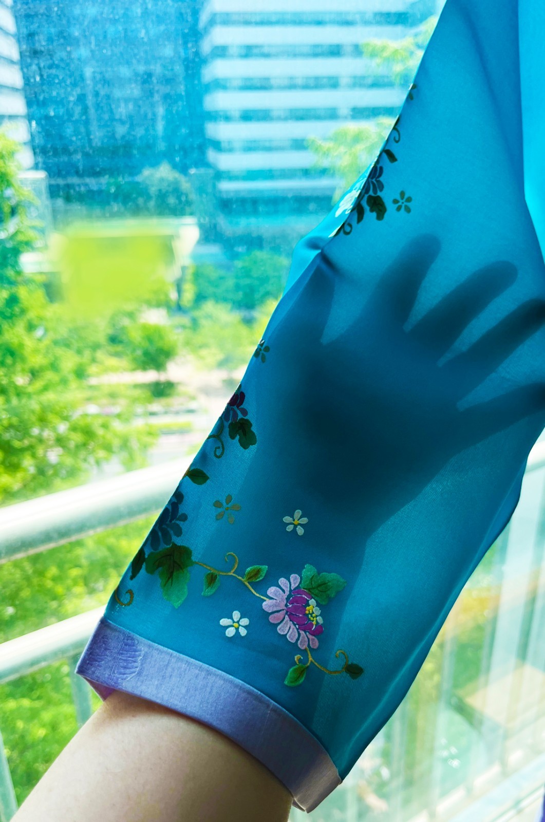 M Silk Traditional Korean Hanbok Set–Turquoise Blue Top/ Skirt with Floral Print
