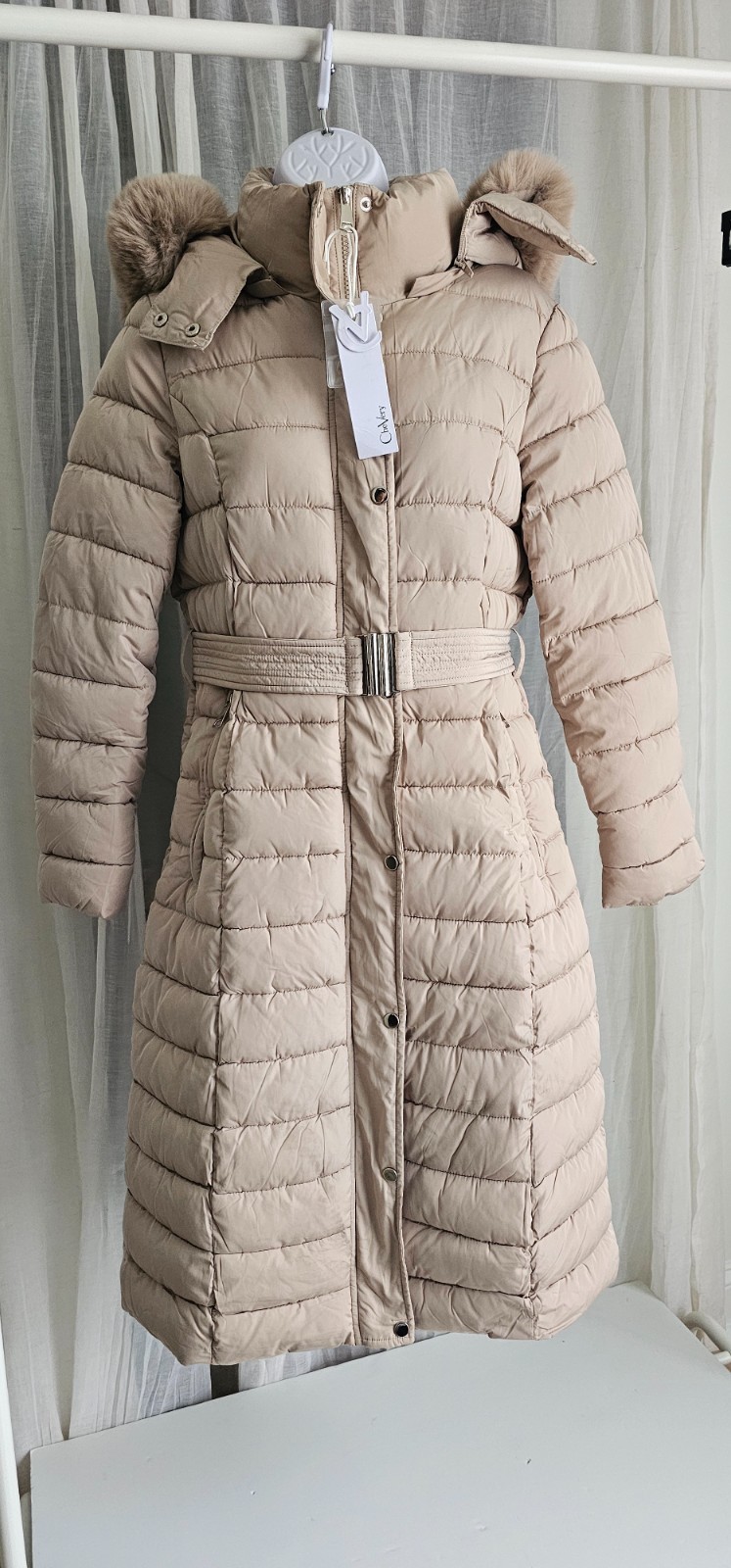 Women’s Long Belted Puffer Coat, Faux Fur Hood, Double Zip Closure Beige Size L