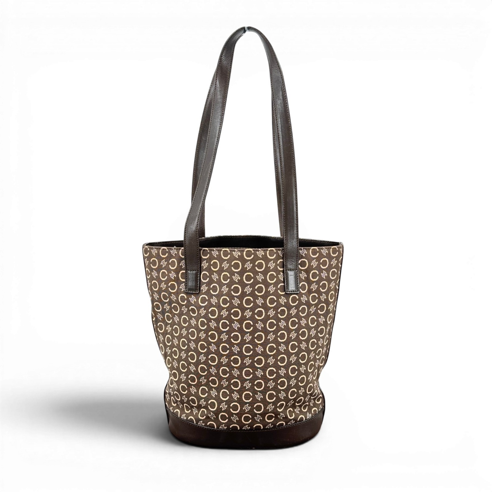 Auth Vintage CELINE C Macadam Pattern Tote Bag Canvas Leather Brown Purse
