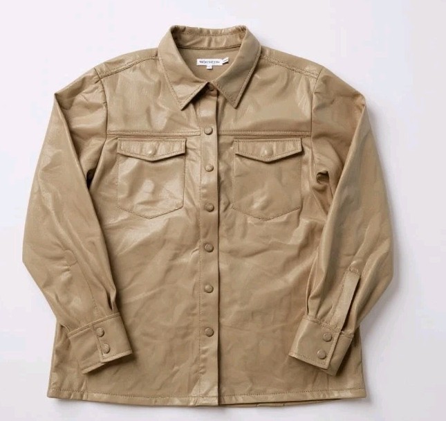 NEW!Good American Utility Faux Leather Button Down Warm Caramel Shirt Jacket! 3