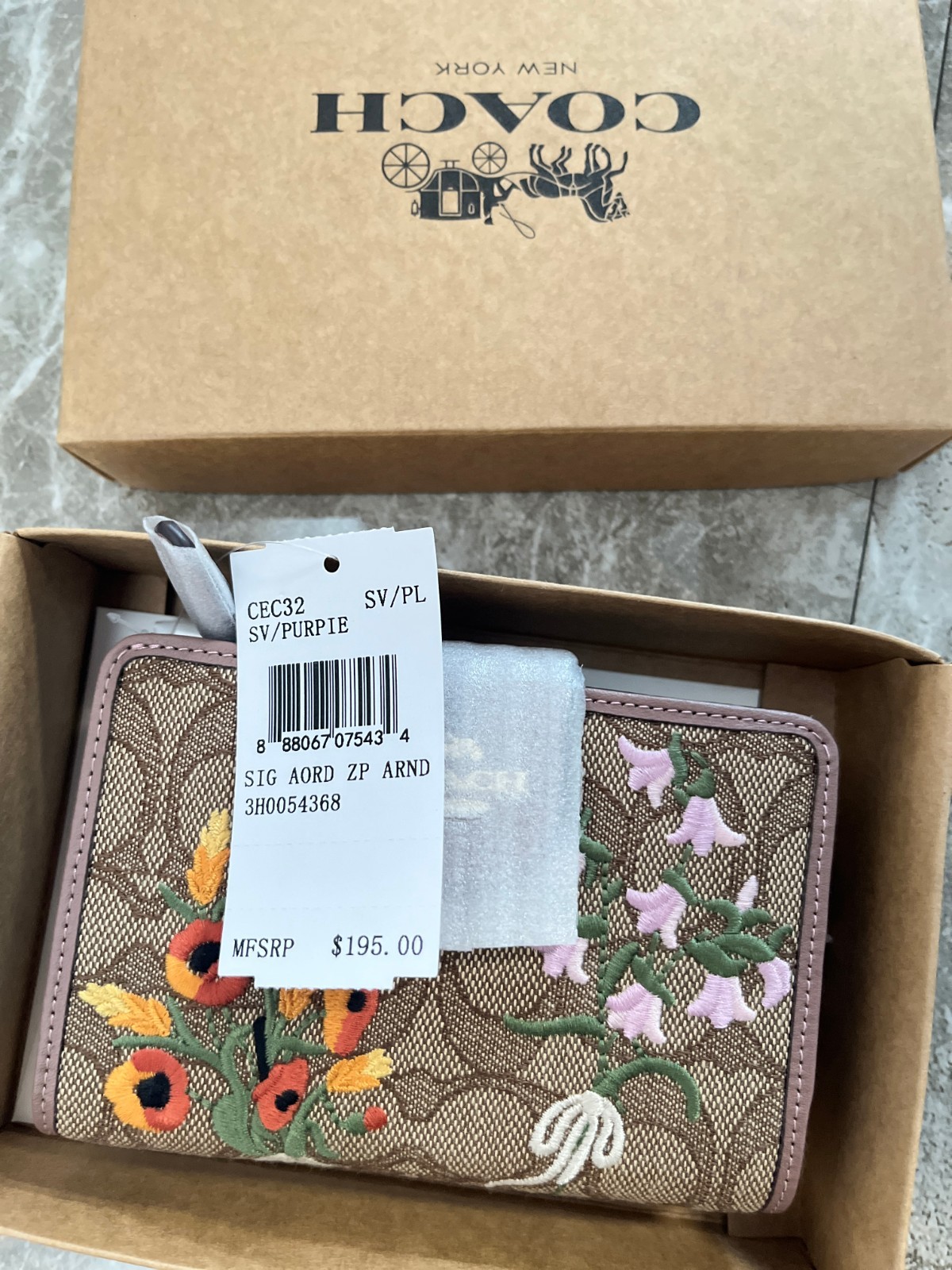 NEW COACH CEC32 Medium Corner Zip Wallet Signature Jacquard w Floral Embroidery